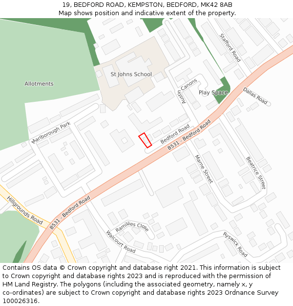 19, BEDFORD ROAD, KEMPSTON, BEDFORD, MK42 8AB: Location map and indicative extent of plot