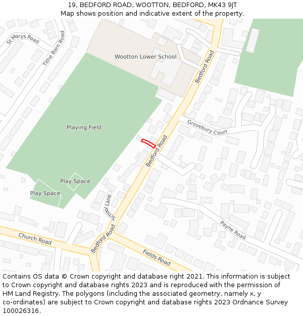 19, BEDFORD ROAD, WOOTTON, BEDFORD, MK43 9JT: Location map and indicative extent of plot