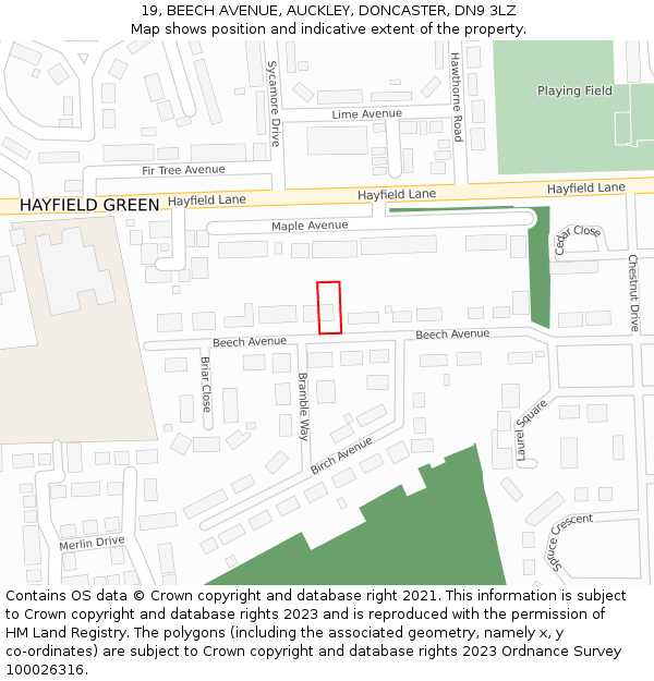 19, BEECH AVENUE, AUCKLEY, DONCASTER, DN9 3LZ: Location map and indicative extent of plot