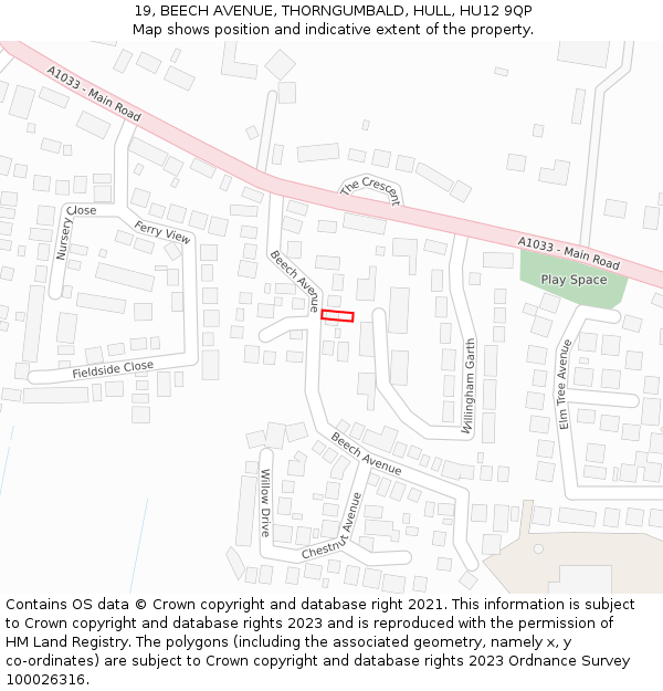 19, BEECH AVENUE, THORNGUMBALD, HULL, HU12 9QP: Location map and indicative extent of plot