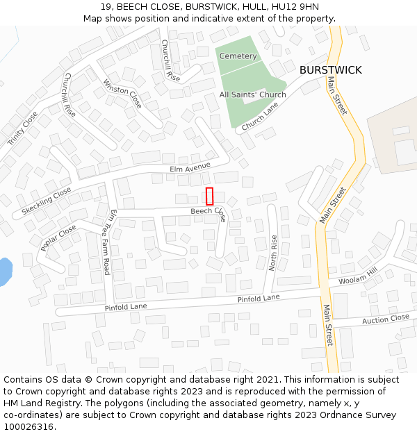 19, BEECH CLOSE, BURSTWICK, HULL, HU12 9HN: Location map and indicative extent of plot