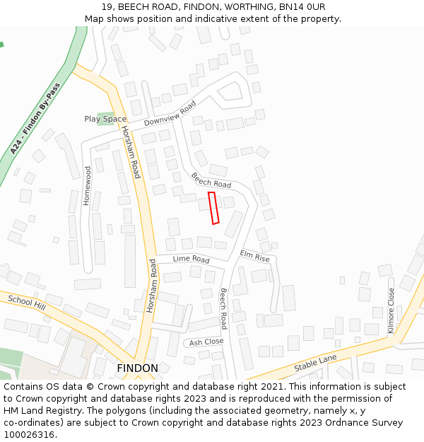 19, BEECH ROAD, FINDON, WORTHING, BN14 0UR: Location map and indicative extent of plot