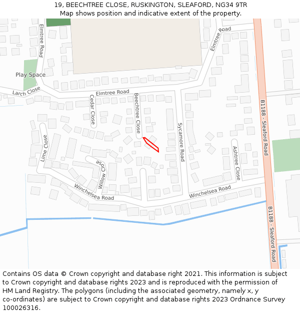 19, BEECHTREE CLOSE, RUSKINGTON, SLEAFORD, NG34 9TR: Location map and indicative extent of plot