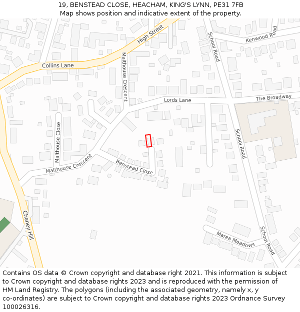 19, BENSTEAD CLOSE, HEACHAM, KING'S LYNN, PE31 7FB: Location map and indicative extent of plot