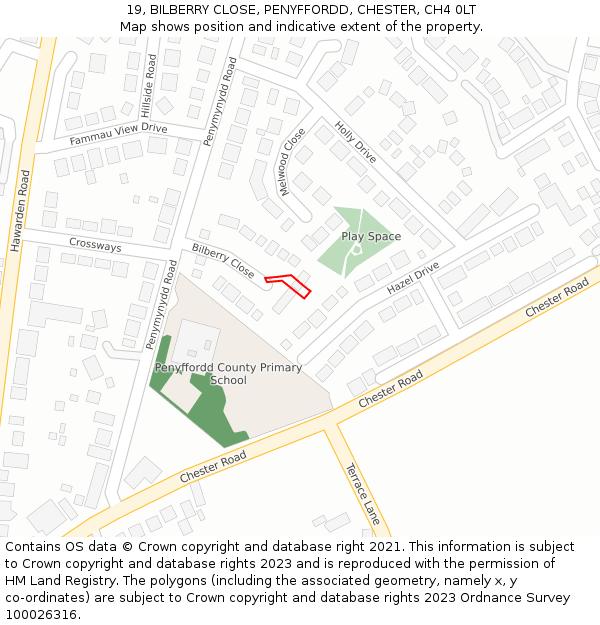 19, BILBERRY CLOSE, PENYFFORDD, CHESTER, CH4 0LT: Location map and indicative extent of plot