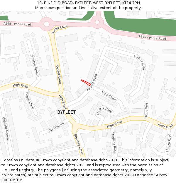 19, BINFIELD ROAD, BYFLEET, WEST BYFLEET, KT14 7PN: Location map and indicative extent of plot