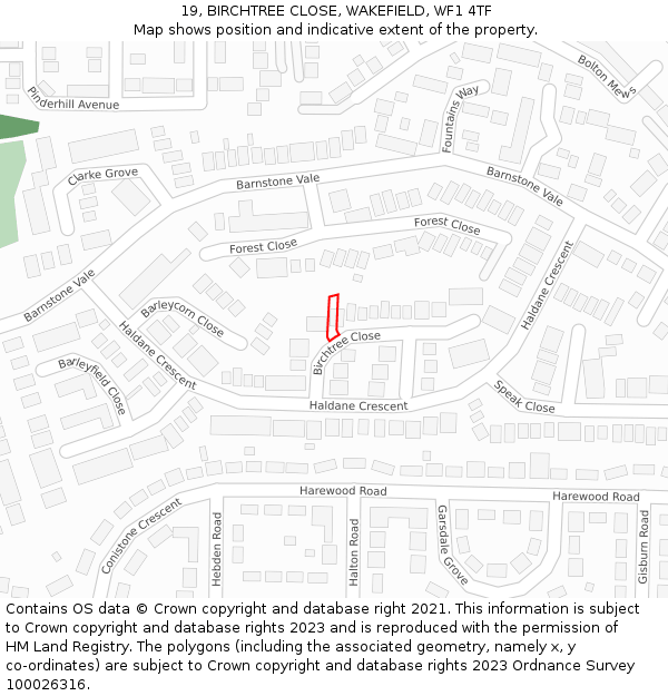 19, BIRCHTREE CLOSE, WAKEFIELD, WF1 4TF: Location map and indicative extent of plot