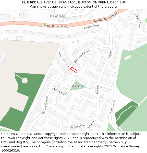 19, BIRKDALE AVENUE, BRANSTON, BURTON-ON-TRENT, DE14 3HN: Location map and indicative extent of plot