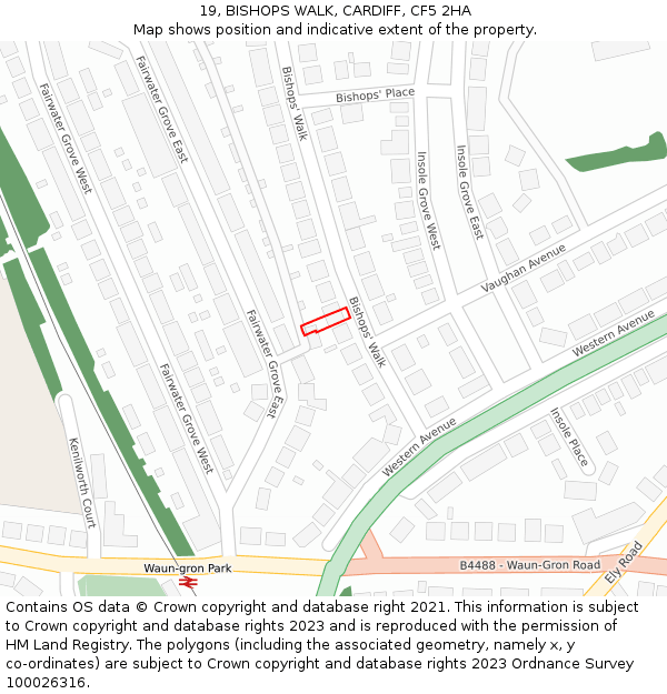 19, BISHOPS WALK, CARDIFF, CF5 2HA: Location map and indicative extent of plot