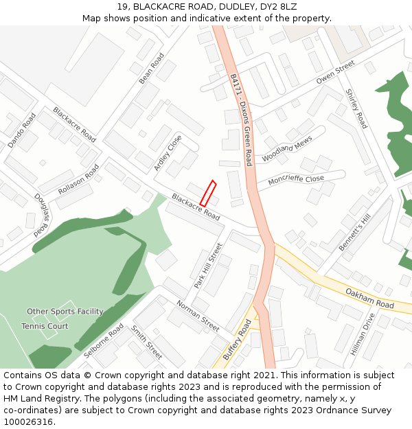 19, BLACKACRE ROAD, DUDLEY, DY2 8LZ: Location map and indicative extent of plot