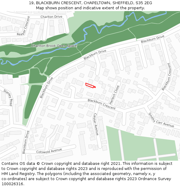 19, BLACKBURN CRESCENT, CHAPELTOWN, SHEFFIELD, S35 2EG: Location map and indicative extent of plot