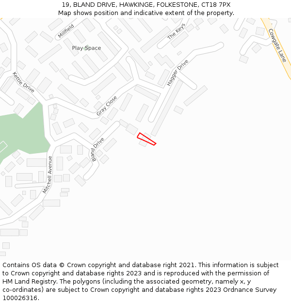 19, BLAND DRIVE, HAWKINGE, FOLKESTONE, CT18 7PX: Location map and indicative extent of plot