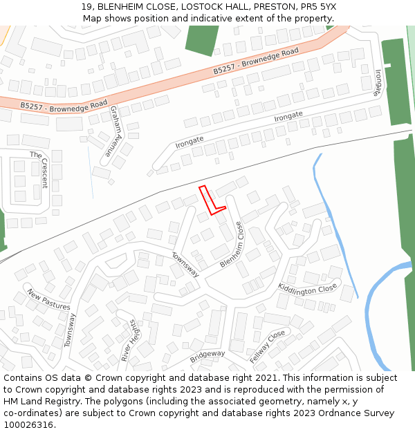 19, BLENHEIM CLOSE, LOSTOCK HALL, PRESTON, PR5 5YX: Location map and indicative extent of plot