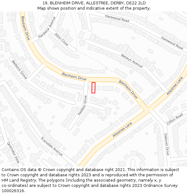 19, BLENHEIM DRIVE, ALLESTREE, DERBY, DE22 2LD: Location map and indicative extent of plot