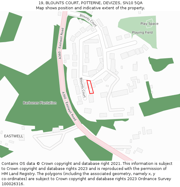 19, BLOUNTS COURT, POTTERNE, DEVIZES, SN10 5QA: Location map and indicative extent of plot