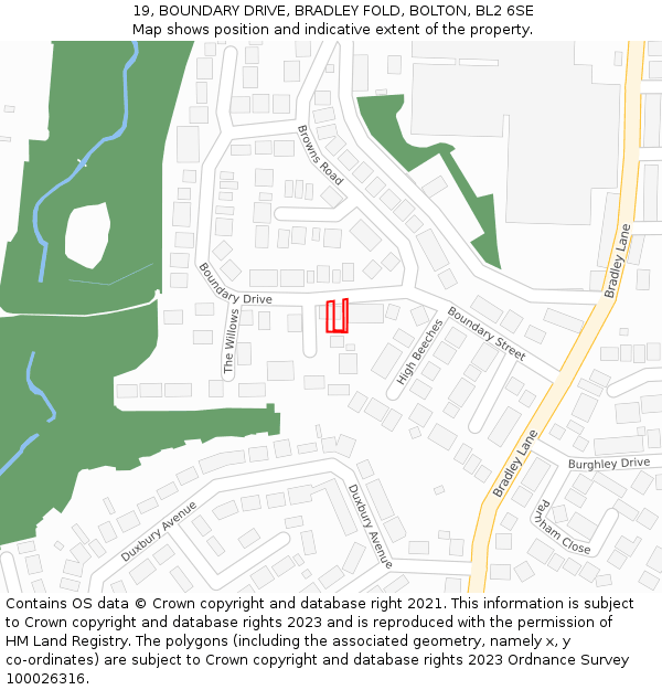 19, BOUNDARY DRIVE, BRADLEY FOLD, BOLTON, BL2 6SE: Location map and indicative extent of plot