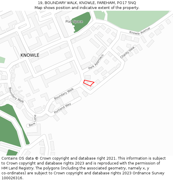 19, BOUNDARY WALK, KNOWLE, FAREHAM, PO17 5NQ: Location map and indicative extent of plot