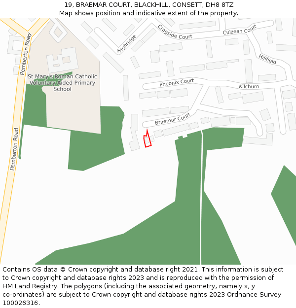 19, BRAEMAR COURT, BLACKHILL, CONSETT, DH8 8TZ: Location map and indicative extent of plot