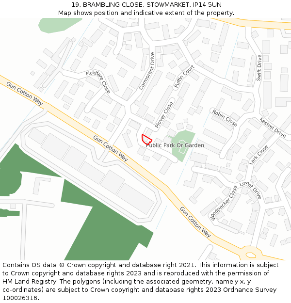 19, BRAMBLING CLOSE, STOWMARKET, IP14 5UN: Location map and indicative extent of plot