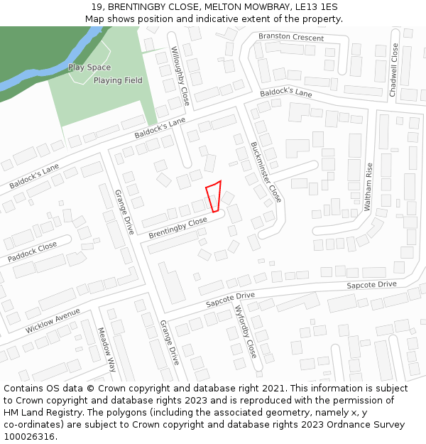19, BRENTINGBY CLOSE, MELTON MOWBRAY, LE13 1ES: Location map and indicative extent of plot