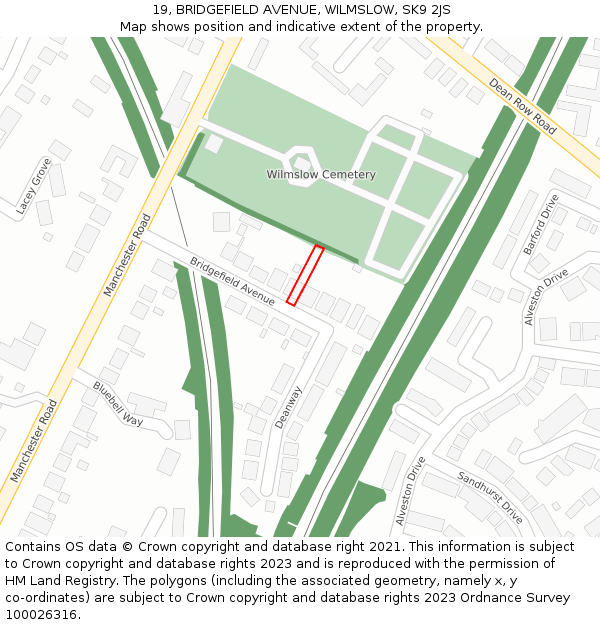 19, BRIDGEFIELD AVENUE, WILMSLOW, SK9 2JS: Location map and indicative extent of plot