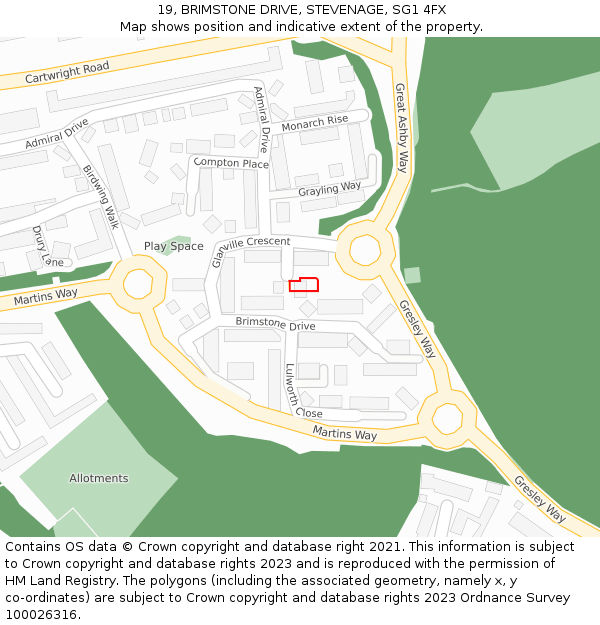 19, BRIMSTONE DRIVE, STEVENAGE, SG1 4FX: Location map and indicative extent of plot