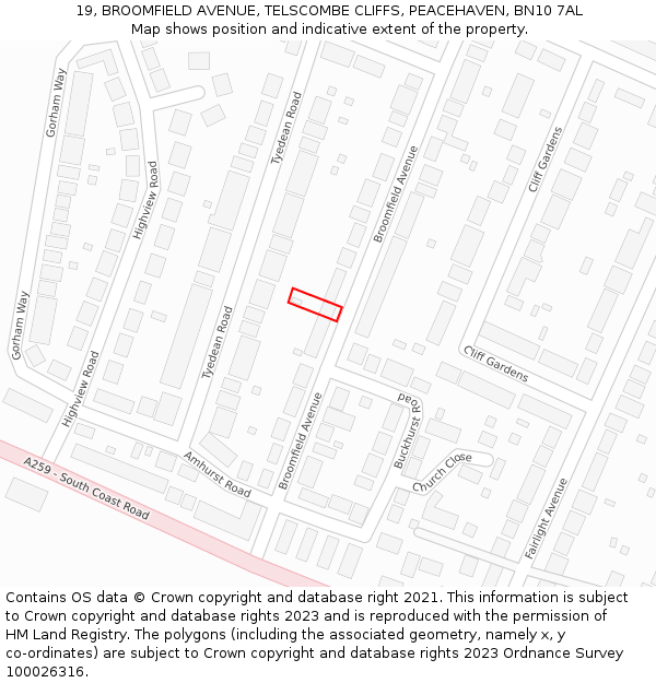 19, BROOMFIELD AVENUE, TELSCOMBE CLIFFS, PEACEHAVEN, BN10 7AL: Location map and indicative extent of plot