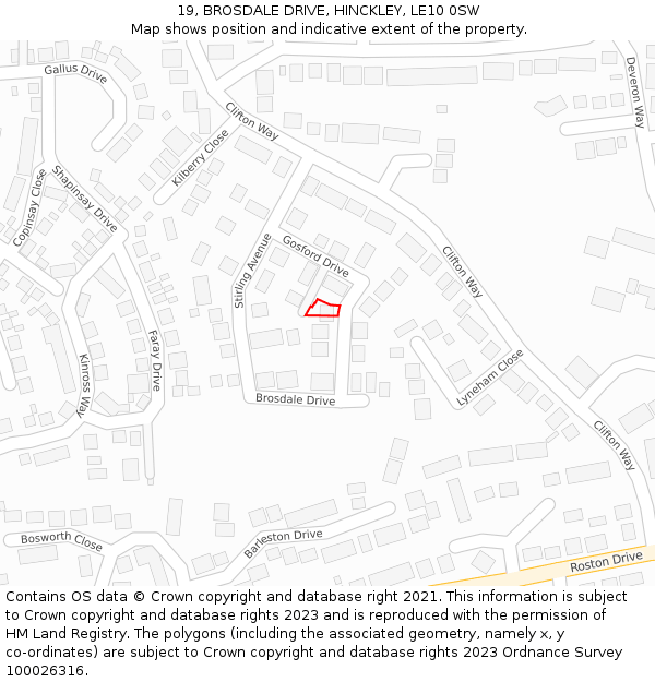 19, BROSDALE DRIVE, HINCKLEY, LE10 0SW: Location map and indicative extent of plot