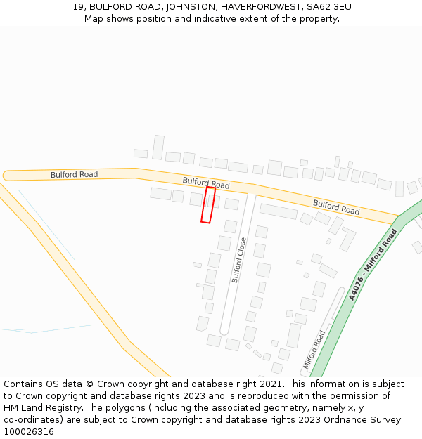 19, BULFORD ROAD, JOHNSTON, HAVERFORDWEST, SA62 3EU: Location map and indicative extent of plot