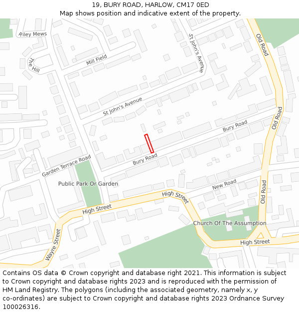 19, BURY ROAD, HARLOW, CM17 0ED: Location map and indicative extent of plot