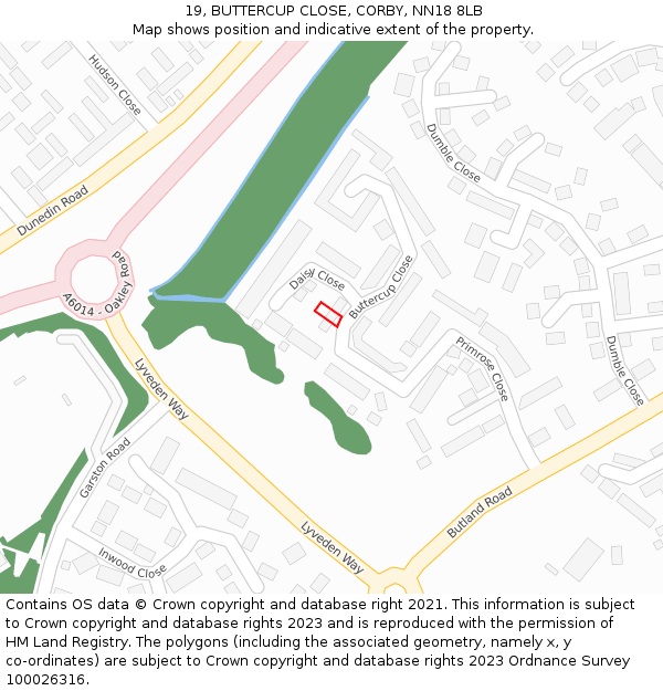 19, BUTTERCUP CLOSE, CORBY, NN18 8LB: Location map and indicative extent of plot