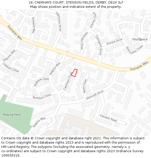 19, CAERHAYS COURT, STENSON FIELDS, DERBY, DE24 3LF: Location map and indicative extent of plot