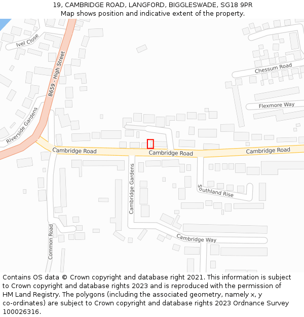 19, CAMBRIDGE ROAD, LANGFORD, BIGGLESWADE, SG18 9PR: Location map and indicative extent of plot