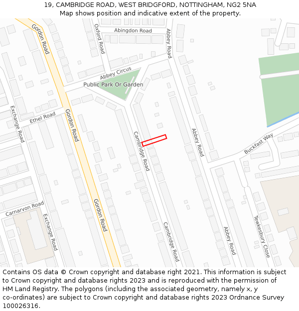 19, CAMBRIDGE ROAD, WEST BRIDGFORD, NOTTINGHAM, NG2 5NA: Location map and indicative extent of plot