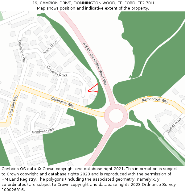 19, CAMPION DRIVE, DONNINGTON WOOD, TELFORD, TF2 7RH: Location map and indicative extent of plot