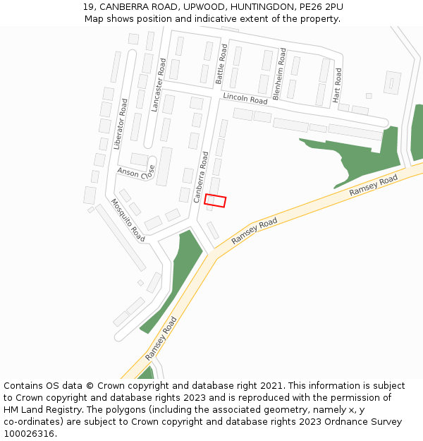 19, CANBERRA ROAD, UPWOOD, HUNTINGDON, PE26 2PU: Location map and indicative extent of plot