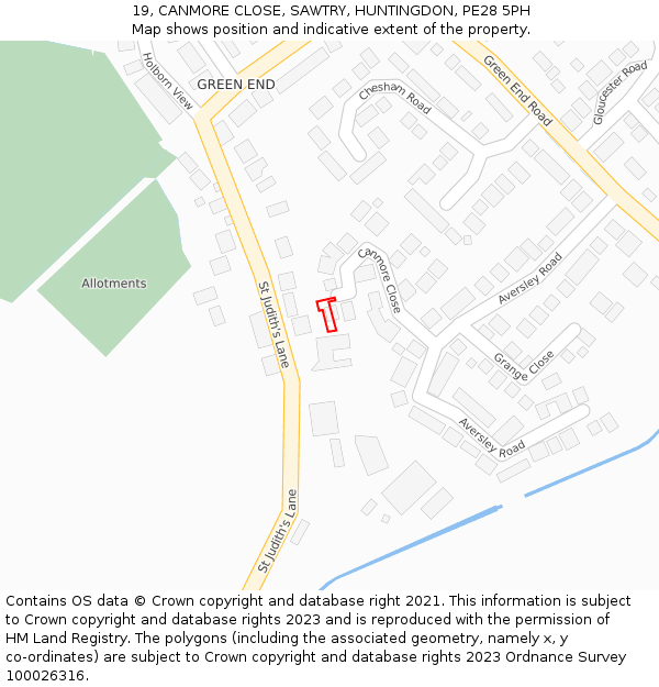 19, CANMORE CLOSE, SAWTRY, HUNTINGDON, PE28 5PH: Location map and indicative extent of plot