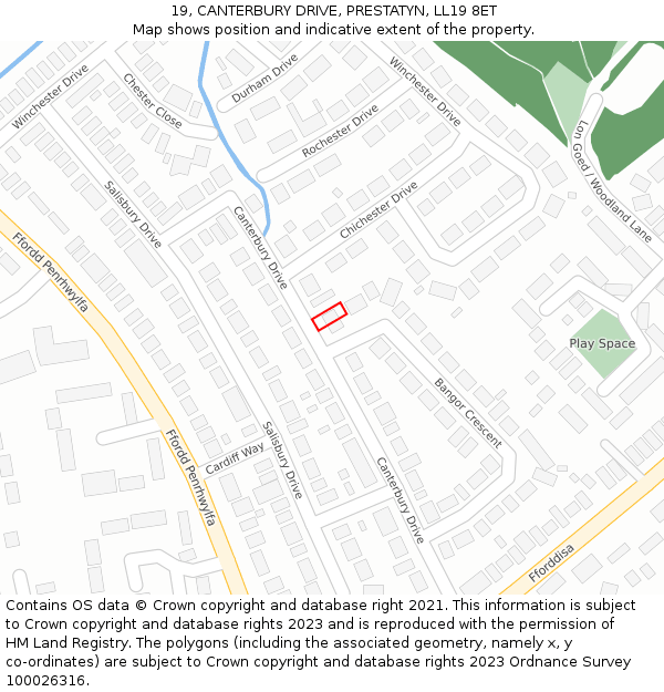 19, CANTERBURY DRIVE, PRESTATYN, LL19 8ET: Location map and indicative extent of plot