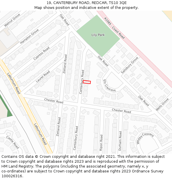 19, CANTERBURY ROAD, REDCAR, TS10 3QE: Location map and indicative extent of plot