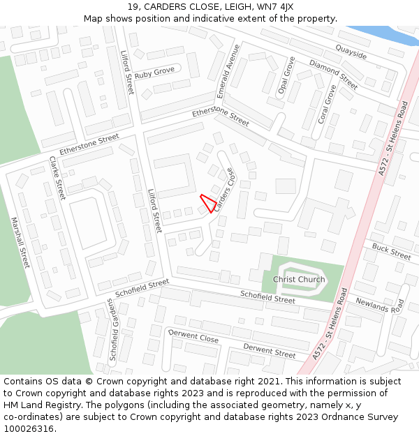 19, CARDERS CLOSE, LEIGH, WN7 4JX: Location map and indicative extent of plot