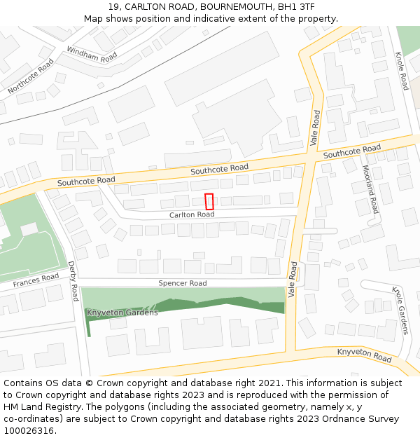 19, CARLTON ROAD, BOURNEMOUTH, BH1 3TF: Location map and indicative extent of plot