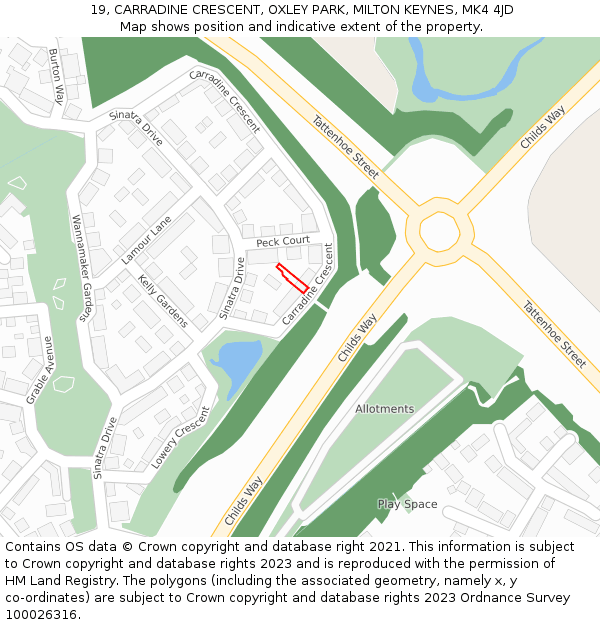 19, CARRADINE CRESCENT, OXLEY PARK, MILTON KEYNES, MK4 4JD: Location map and indicative extent of plot