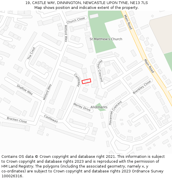 19, CASTLE WAY, DINNINGTON, NEWCASTLE UPON TYNE, NE13 7LS: Location map and indicative extent of plot