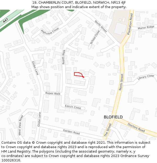 19, CHAMBERLIN COURT, BLOFIELD, NORWICH, NR13 4JF: Location map and indicative extent of plot