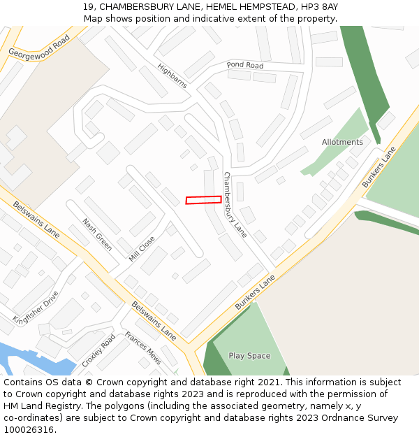 19, CHAMBERSBURY LANE, HEMEL HEMPSTEAD, HP3 8AY: Location map and indicative extent of plot