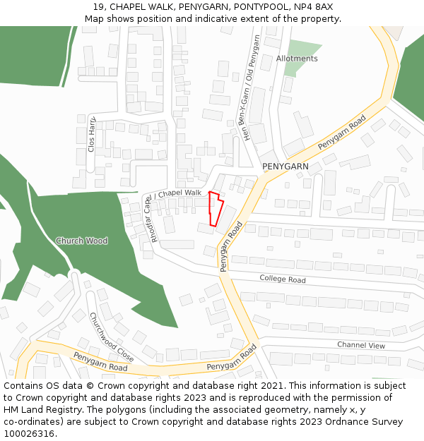 19, CHAPEL WALK, PENYGARN, PONTYPOOL, NP4 8AX: Location map and indicative extent of plot