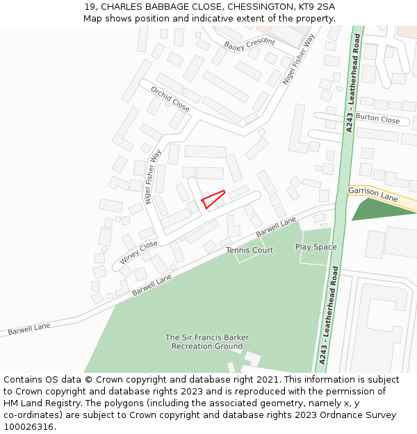 19, CHARLES BABBAGE CLOSE, CHESSINGTON, KT9 2SA: Location map and indicative extent of plot