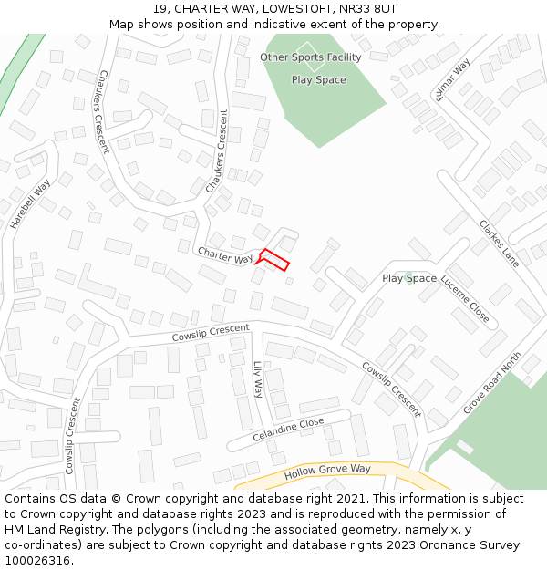 19, CHARTER WAY, LOWESTOFT, NR33 8UT: Location map and indicative extent of plot