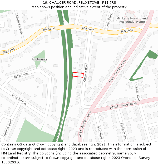 19, CHAUCER ROAD, FELIXSTOWE, IP11 7RS: Location map and indicative extent of plot