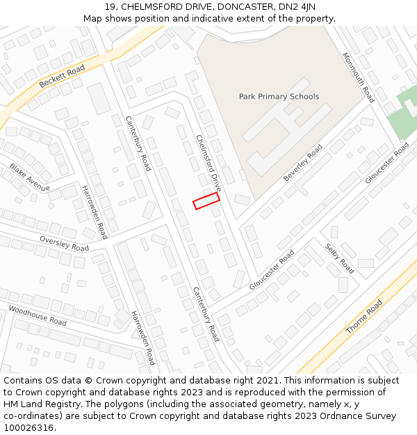 19, CHELMSFORD DRIVE, DONCASTER, DN2 4JN: Location map and indicative extent of plot